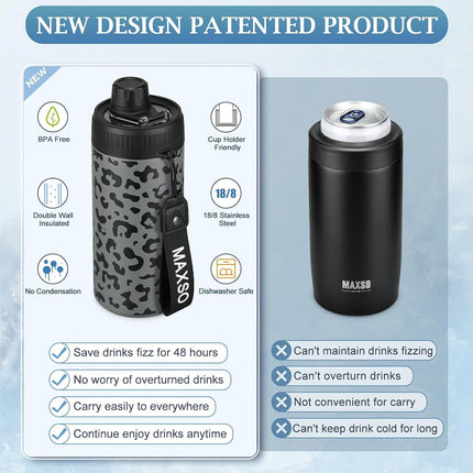 MAXSO Sealed Can Cooler Fizz Lid Can Cover for 12 oz Regular, Slim Skinny Cans & As Thermal Bottle, 4-in-1 Insulated Vacuum Stainless Steel Carbonated Cold Drink Holder - Black Leopard