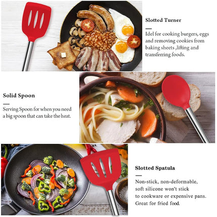 AILUKI Silicone Cooking Utensil Set, Kitchen Utensils 14 Pcs Cooking Utensils Set,Non-Stick Heat Resistant Silicone,Cookware with Stainless Steel Handle - Red