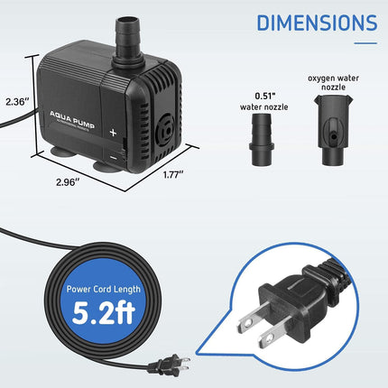 Simple Deluxe 210GPH 8W Water Table Pump (800L/H), Pond Pump with 2 Nozzles, Perfect for Fish Tank, Pond, Aquarium, Statuary, Hydroponics, Black