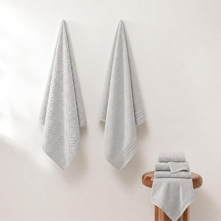 Modern Threads 6 Piece Set, 2 Bath Towels, 2 Hand Towels, 2 Washcloths Yarn Dyed Diamond Gate Jacquard Towel Set Silver