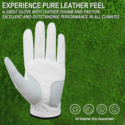 FINGER TEN Golf Gloves Men Left Hand Right Leather 5 Pack, Mens Golf Glove All Weather Grip, Fit Size Small Medium ML Large XL (White(Men Gloves), X-Large(Worn On Left Hand))