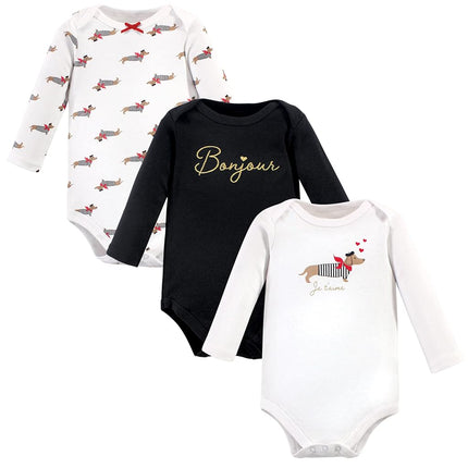 Hudson Baby unisex-baby Cotton Long-sleeve Bodysuits, Bonjour Dachshund, 6-9 Months