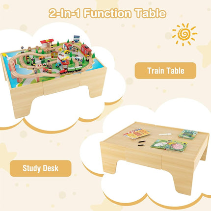 INFANS Train Table, 84 Pieces Wooden Kids Activity Toy Table Playset with Reversible Detachable Tabletop, Tracks, Train, Railway, City for Toddler Boys Girls