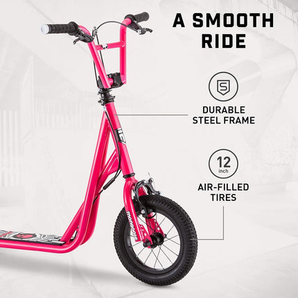Mongoose Expo Kick Scooter, BMX-Style Handlebar & Brake Cable Rotor, For Riders Ages 6 and Up, Rear Axle Pegs, 12-Inch Air Tires, Max. Weight of 175 lbs., Pink/Black
