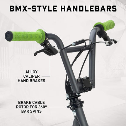 Mongoose Expo Kick Scooter, BMX-Style Handlebar & Brake Cable Rotor, for Riders Ages 6 and Up, Rear Axle Pegs, 12-Inch Air Tires, Max. Weight of 175 lbs., Green/Grey