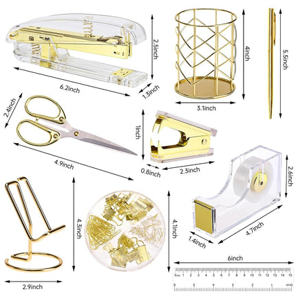 EOOUT Gold Office Supplies Set Desk Accessories, Acrylic Stapler Set Staple Remover, Phone Holder, Tape Holder, Pen Holder, 2 Ballpoint Pen, Scissor, Binder Clips, Ruler, Transparent Glue and Staples.