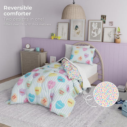 Sweethearts Original Candy Hearts Bedding 5 Piece Twin Bed Set, Soft Cozy Nostalgia Reversible Comforter and Sheet Set with Sham, Officially Licensed Product by Franco