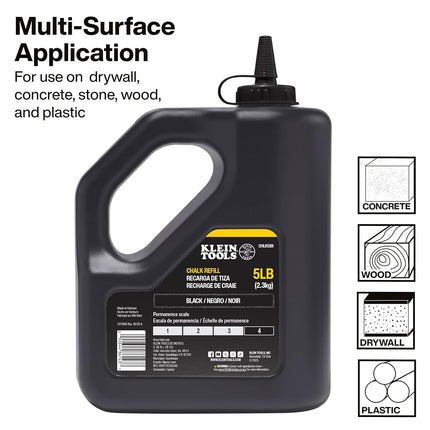 KLEIN TOOLS CHLK5BK Black Chalk Refill, 5 Pounds, Easy and Spill-Free Refills, Fade Resistant and Water Resistant Chalk Line, for Use on Drywall, Concrete