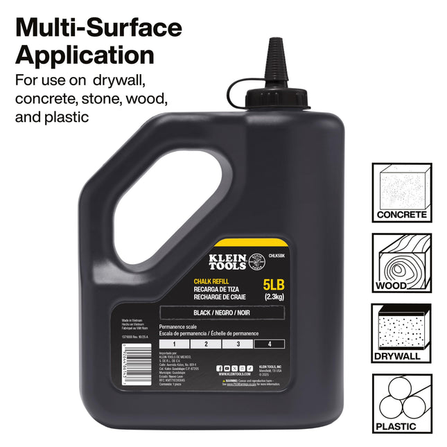 KLEIN TOOLS CHLK5BK Black Chalk Refill, 5 Pounds, Easy and Spill-Free Refills, Fade Resistant and Water Resistant Chalk Line, for Use on Drywall, Concrete