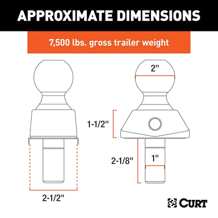 CURT 40247 RockerBall Cushion Hitch Trailer Ball 7,500 lbs, 2 Diameter, 1-Inch Shank, Packaged