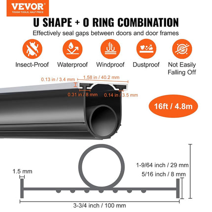 VEVOR Garage Door Seals Bottom Rubber, U Shape +O Ring Garage Door Bottom Weather Seal with Pre-drilled Aluminum Track Retainer Kit, 16ft 5/16 inch T-Ends and 3 3/4 inch Width, for Doors, Black