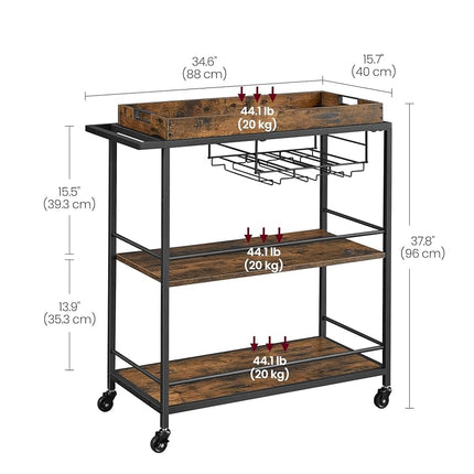 VASAGLE Kitchen Serving Cart with Removable Tray, 3-Tier Kitchen Utility Cart on Wheels with Storage, with Brakes, Leveling Feet, 15.7 x 34.6 x 37.8 Inches, Rustic Brown and Black ULRC093B01