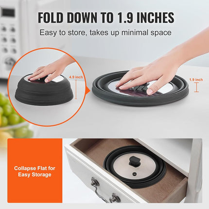VEVOR Microwave Splatter Cover & Mat, 10.8" Collapsible Microwave Lid for Food, 500�F Heat-Resistant Silicone & Tempered Glass Splatter Guard for Plate Dish, Multi-Purpose Kitchen Gadget with Handle