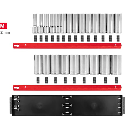 TEKTON 1/2 Inch Drive Deep 12-Point Socket Set with Rails and Tray, 23-Piece (10-32 mm) | SHD92121