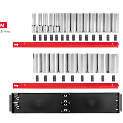 TEKTON 1/2 Inch Drive Deep 12-Point Socket Set with Rails and Tray, 23-Piece (10-32 mm) | SHD92121