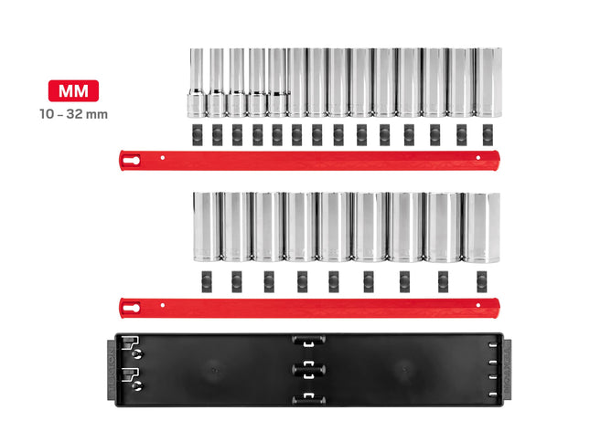 TEKTON 1/2 Inch Drive Deep 12-Point Socket Set with Rails and Tray, 23-Piece (10-32 mm) | SHD92121