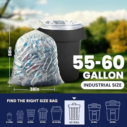 Plasticplace - W55LDC2 55-60 gallon Trash Bags │ 2 Mil │ Clear Heavy Duty Garbage Can Liners │ 38” x 58” 1 Count (Pack of 50)
