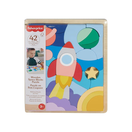 Fisher-Price Wood Preschool Toy Space Blocks Jigsaw Puzzle, 42 Wooden Pieces for Stacking & Sorting Play Kids Ages 3+ Years, HXY42