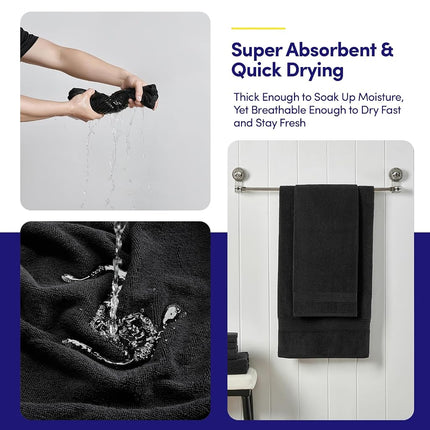 Juego de toallas de baño de 8 piezas – 100% algodón peinado – Baño + Mano + Toallas de cara – Toallas suaves y absorbentes con certificación Oeko-TEX con bordes duraderos de doble costura para baño o spa de invitados, Negro