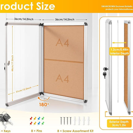 SWANCROWN Cork Board 50 x 36 cm Lockable Notice Board with Aluminum Frame