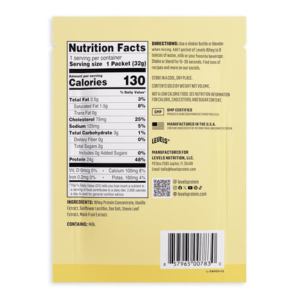 Levels Grass Fed Whey Protein Powder, No Artificials, 24G of Protein, Vanilla Bean, 12 Count
