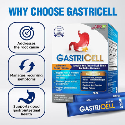 LABO Nutrition GASTRICELL - Eliminate H. Pylori, Relieve Acid Reflux and Heartburn, Regulate Gastric Acid - Targets The Root Cause of Recurring Gastric Problems -30 sachets