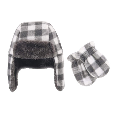 Hudson Baby Unisex Baby Fleece Trapper Hat and Mitten Set, Charcoal White Plaid Baby, 0-6 Months
