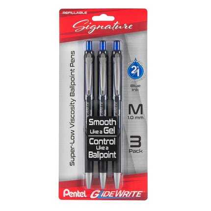 Pentel Glidewrite Signature Ballpoint Pen, (1.0mm) Medium, Black Barrel, Blue Ink, Pack of 3 (BX930ABP3C)