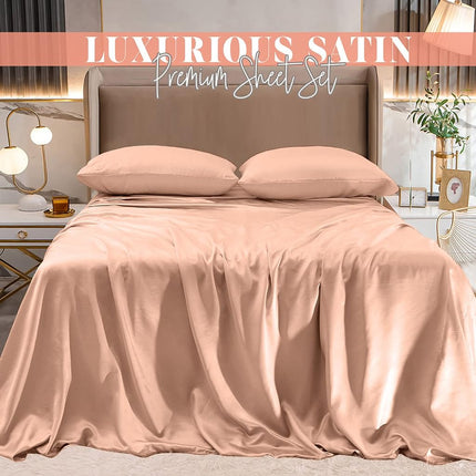 Elegant Comfort Luxurious 4-Piece Silky Satin Sheet Set, Skin and Hair Friendly, Wrinkle, Fade, Stain Resistant with Deep Pockets Fitted Sheet, Cooling Soft Satin Sheet Set, Queen, Dusty Rose