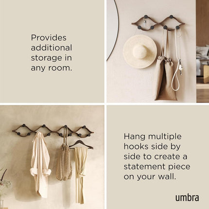 Umbra Montage Coat Rack, Wall Mounted 6 Hooks, Black/Walnut