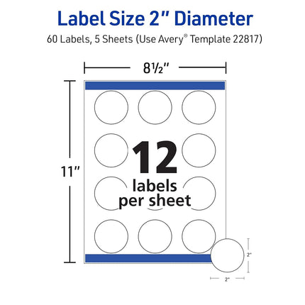 Avery Printable Round Labels with Sure Feed, 2" Diameter, Glossy White, 60 Customizable Labels (22817)