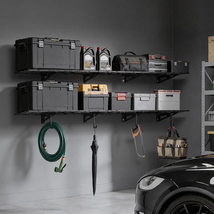 VEVOR 2-Tier Heavy Duty Wall Garage Shelving, 4 Pack 305 x 914 mm Steel Wall Mounted Shelving Unit, 305 x 1828 mm Per Shelf Floating Storage Metal Rack for Garage, 272 kg Total Weight Capacity, Black