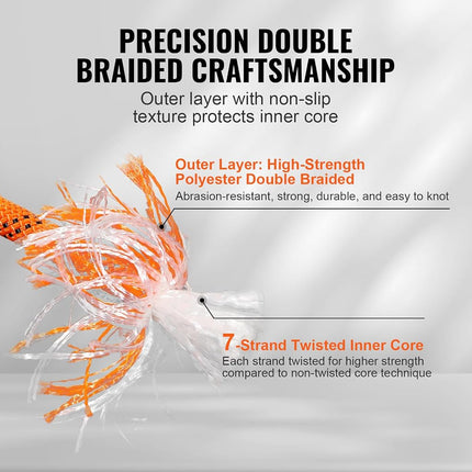 VEVOR Double Braided Polyester Rope, 9.5 mm x 36.57 m, 48 Strands, 17.79kN Breaking Strength Outdoor Climbing Rope, Arborist Rigging Rope for Rock Hiking Camping Swing Rappelling Rescue, Orange/Black