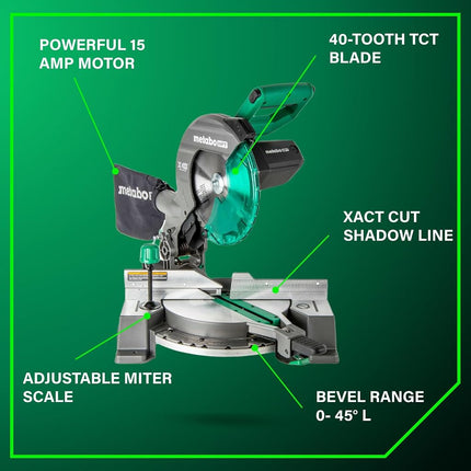 Metabo HPT - 10" Composite Miter Saw, Xact Cut LED Shadow Line System, Precision Miter Angles, 0-45° Single Bevel, 40T TCT Blade, Positive Stops, Lightweight Design