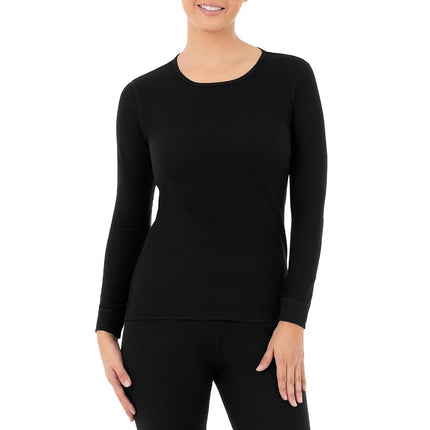 Fruit of the Loom Women's Micro Waffle Premium Thermal Underwear Tee Shirt Pajama Top, Black/Black, Large