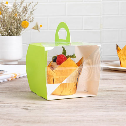 Restaurantware-4 Inch x 4.25 Inch Cupcake Boxes, 100 Disposable Cupcake Display Boxes - with Handle, Geometric Line Accent, Clear Plastic Single Cupcake Containers, for Weddings Or Birthdays