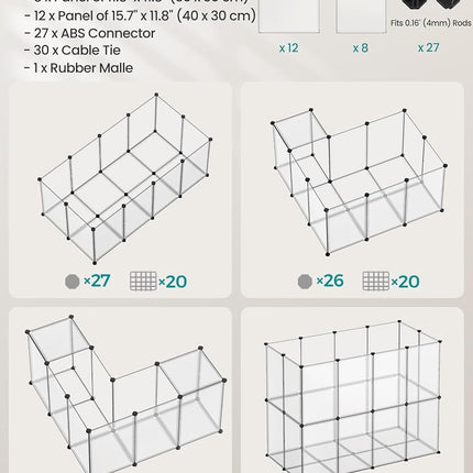 SONGMICS Pet Playpen with Floor, Small Animal Pen, Pet Fence Indoor, DIY Plastic Enclosure for Hamsters, Hedgehogs, 57.1 x 28.3 x 22.4 Inches, White ULPC007W01