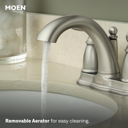 Moen Brantford Brushed Nickel Two-Handle Low-Arc Centerset Bathroom Faucet with Drain Assembly, 6610BN