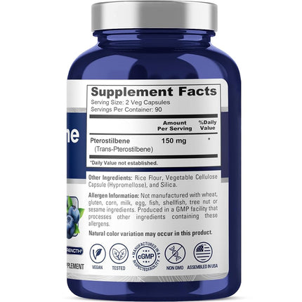 Pterostilbene 150mg 180 Veggie Caps (Non-GMO & Gluten Free)