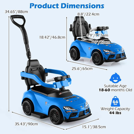 Licensed Toyota Ride on Push Car for Toddlers by INFANS, 3 in 1 Walking Sliding with Removable Guardrails and Handle, Music, Under Seat Storage for Kid (Blue)