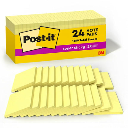 Post-it Super Sticky Notes, 3 in x 3 in, Canary Yellow, 24 Pads/Cabinet Pack Yellow 90 Sheets Self-Adhesive Pouch