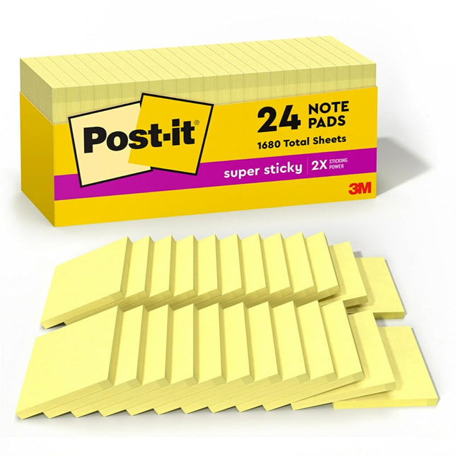 Post-it Super Sticky Notes, 3 in x 3 in, Canary Yellow, 24 Pads/Cabinet Pack Yellow 90 Sheets Self-Adhesive Pouch