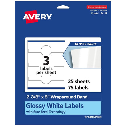 Avery Glossy White Cigar Labels with Sure Feed, 2-3/8" x 8", 75 Glossy White Labels, Permanent Label Adhesive, Laser/Inkjet Printable Labels