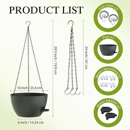 SQKH 10 Inch Hanging Baskets 2 PC with Chains, Self-Watering Hanging Planters for Indoor Outdoor Plants, Plastic Hanging Flower Pots,Black with Green Speckles