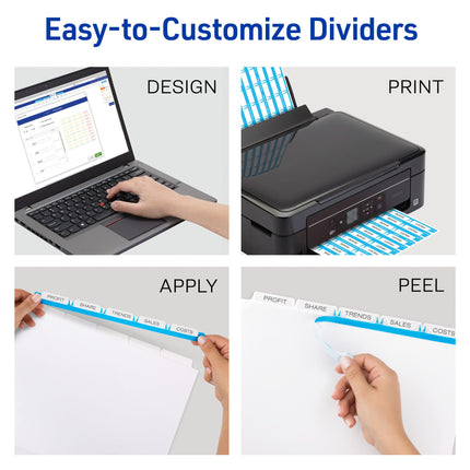 AVERY 5-Tab Unpunched Binder Dividers, Easy Print & Apply Clear Label Strip, Index Maker, White Tabs, 25 Sets (11443)
