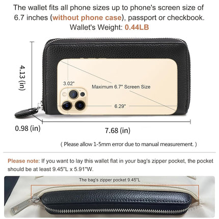 Moflycom Cartera de Mujer RFID Bloqueo de Cuero Genuino con Cremallera, Cartera de Mano con Correa de Muñeca, Cartera Larga de Viaje para Mujer, Negro, L, Cartera RFID