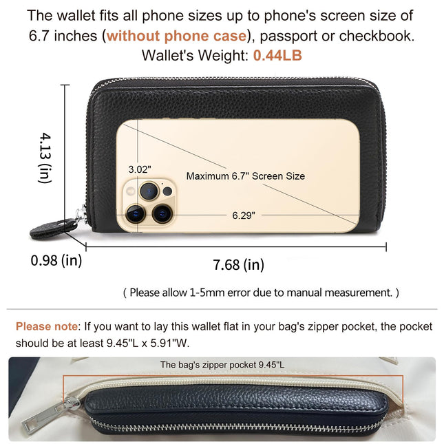Moflycom Womens Wallet RFID Blocking Genuine Leather Zip Around Wallet Clutch Wristlet Travel Long Purse for Women, Black, L, Rfid Wallet