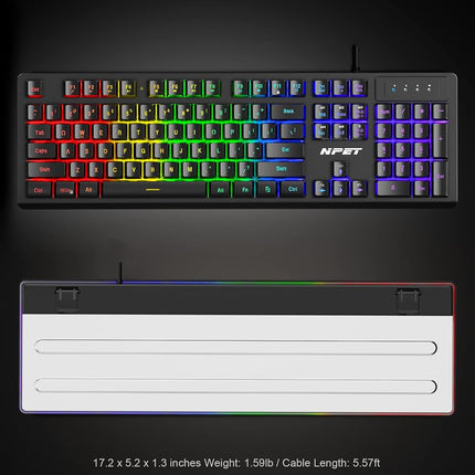 Teclado de juego con cable NPET K10, retroiluminación LED, diseño resistente a salpicaduras, teclas multimedia, teclado de membrana USB silencioso para escritorio, computadora, PC (negro)