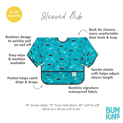 Bumkins Sleeved Bib, Handy Tie Closure for Custom Fit, Catch-All Pocket, Baby-Led Weaning, Waterproof, Machine Washable, Stain & Odour Resistant, BPA Free, 6-24 Months, Outdoor Design