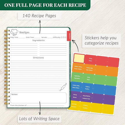Recipe Book to Write in Your Own Recipes, Blank Recipe Journal, 140 Recipes